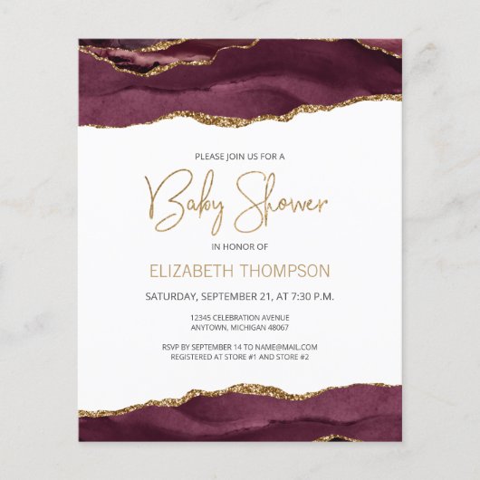 Budget Burgundy Gold Agate Baby shower Invitation (Voorkant)