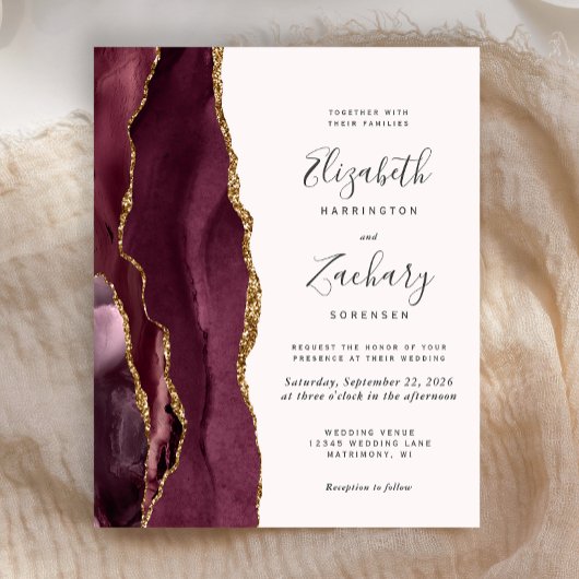Budget Burgundy Gold Agate Blush Wedding Invite