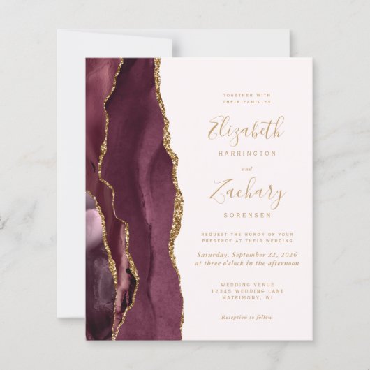 Budget Burgundy Gold Agate Blush Wedding Invite (Voorkant)