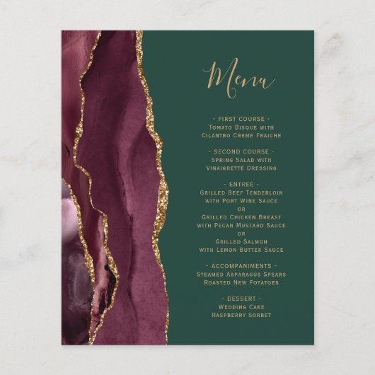 Budget Burgundy Gold Agate Green Wedding Menu (Voorkant)