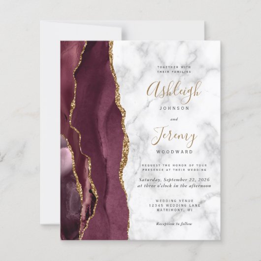 Budget Burgundy Gold Agate Marble Wedding Invite (Voorkant)