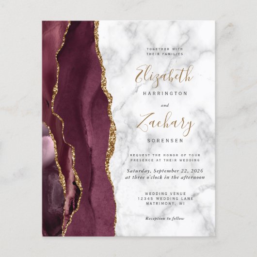 Budget Burgundy Gold Agate Marble Wedding Invite (Voorkant)