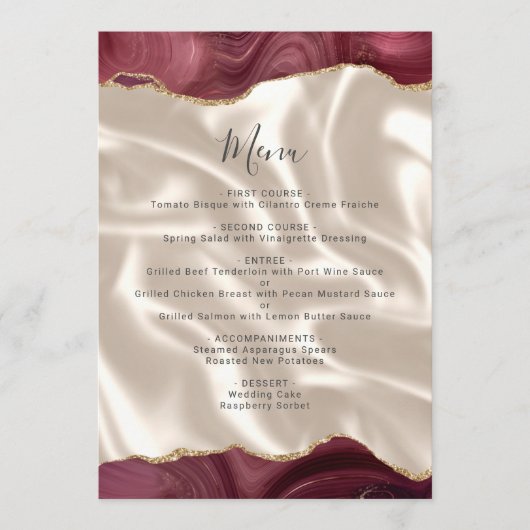 Budget Burgundy Gold Agate Silk Wedding Menu (Voorkant)
