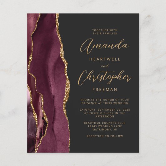 Budget Burgundy Gold Agate Slate Wedding Invite (Voorkant)