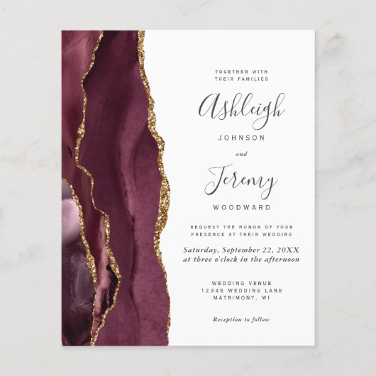 Budget Burgundy Gold Agate Wedding Invite (Voorkant)