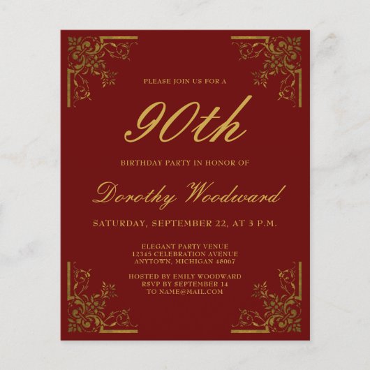 Budget  Burgundy Gold Birthday Uitnodiging (Voorkant)