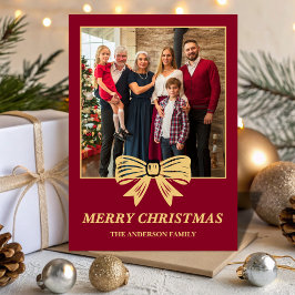 Budget Burgundy & Gold Bow Family Christmas Photo Feestdagenkaart