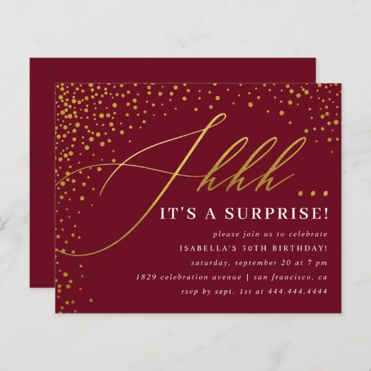 Budget Burgundy & Gold Confetti Surprise Party (Voorkant / Achterkant)