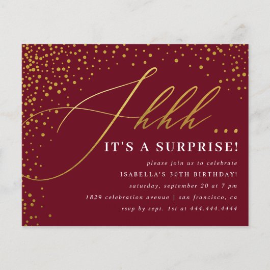 Budget Burgundy & Gold Confetti Surprise Party (Voorkant)