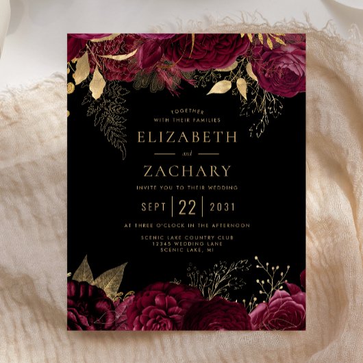 Budget Burgundy Gold Floral Dark Wedding Invite