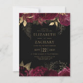 Budget Burgundy Gold Floral Dark Wedding Invite (Voorkant)