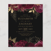 Budget Burgundy Gold Floral Dark Wedding Invite (Voorkant)