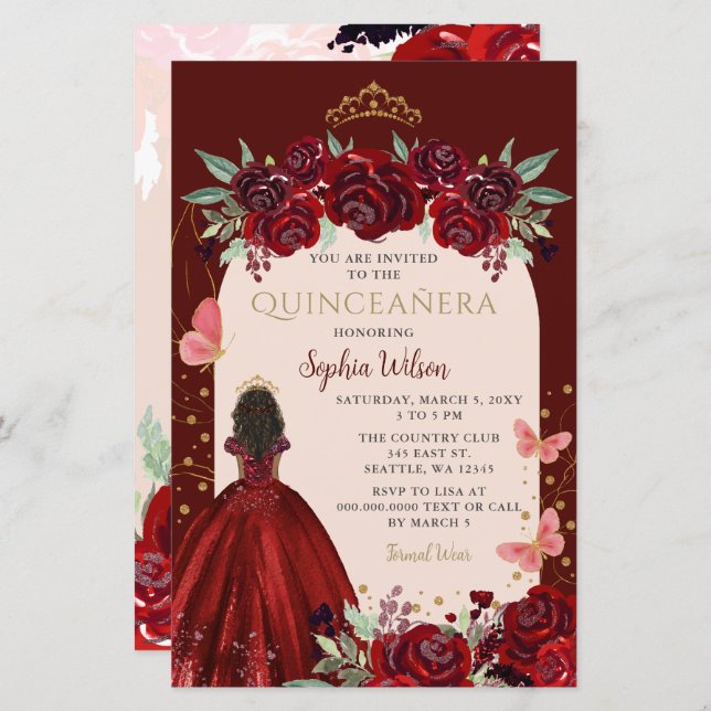 Budget Burgundy Gold Floral Princess Quinceañera (Voorkant / Achterkant)