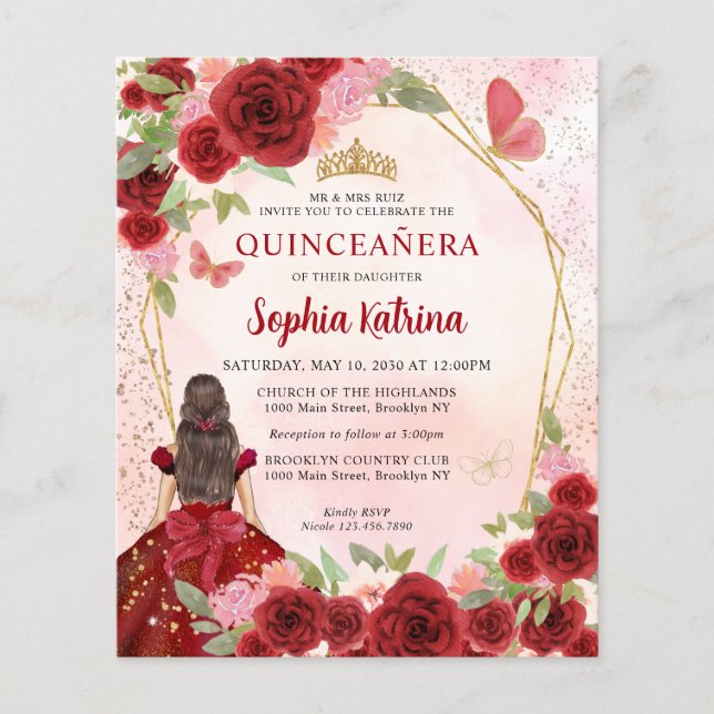 Budget Burgundy Gold Floral Princess Quinceañera (Voorkant)