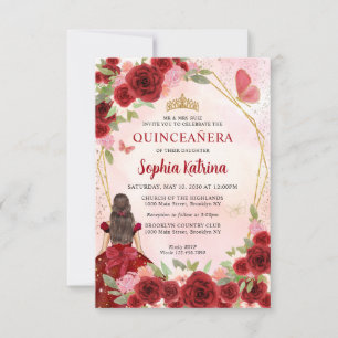 Budget Burgundy Gold Floral Princess Quinceañera Notitiekaartje
