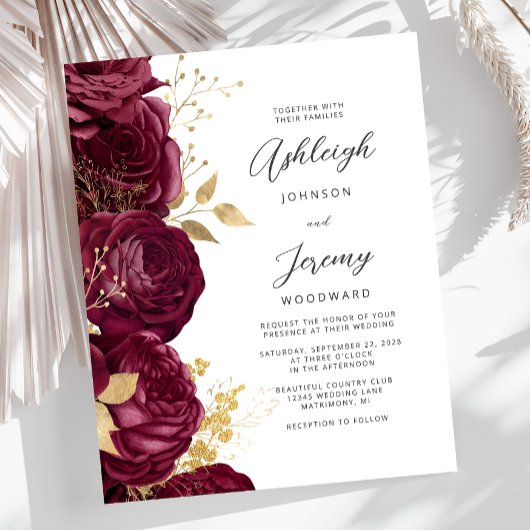 Budget Burgundy Gold Floral Script Wedding Invite