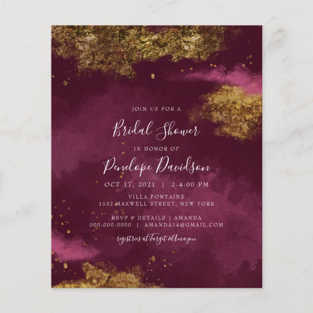 Budget Burgundy Gold Foil Bridal Shower Invitation (Voorkant)