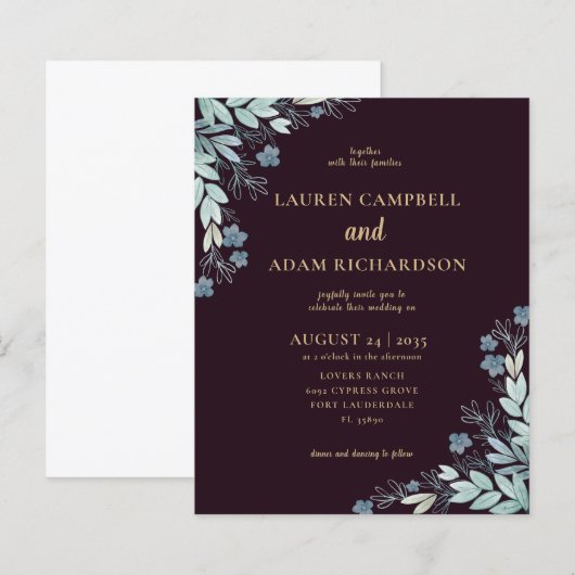 Budget Burgundy & Gold Foliage Weduwen Uitnodiging (Voorkant / Achterkant)