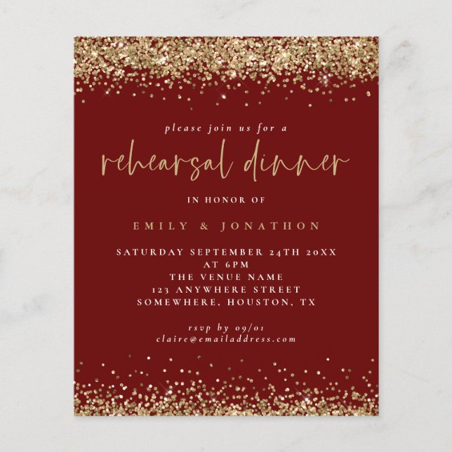 Budget Burgundy Gold Glitter Rehearsal Dinner (Voorkant)