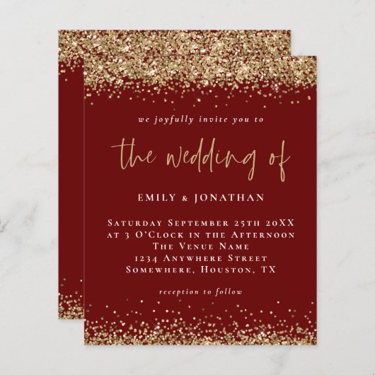 Budget Burgundy Gold Glitter Weddenschap (Voorkant / Achterkant)