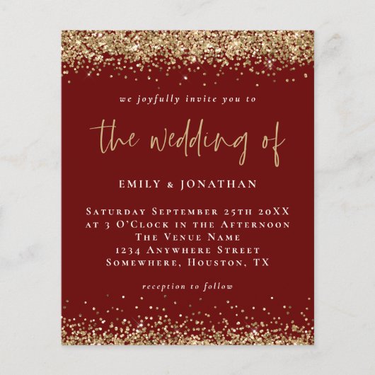 Budget Burgundy Gold Glitter Weddenschap (Voorkant)