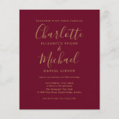 Budget Burgundy Gouden Huwelijksuitnodiging Script (Voorkant)