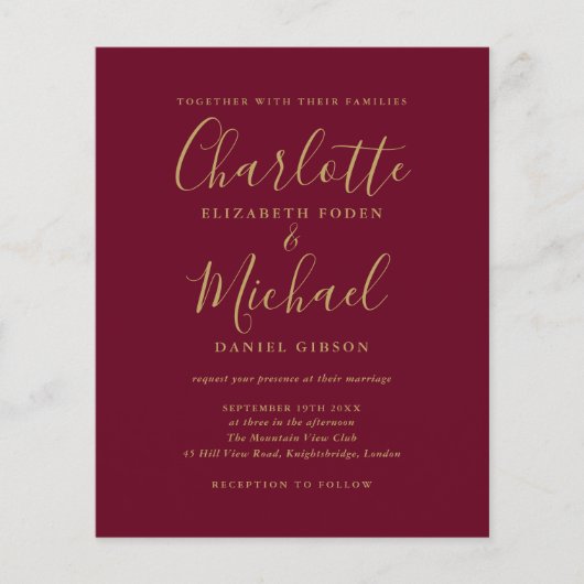 Budget Burgundy Gouden Huwelijksuitnodiging Script (Voorkant)