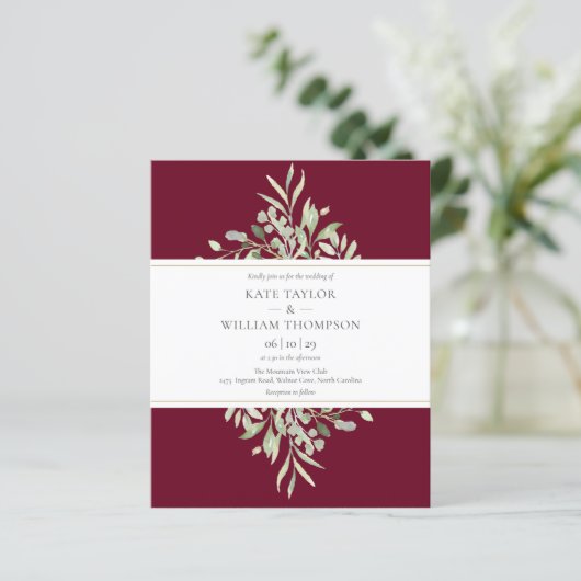 Budget Burgundy Greenery Wedding Photo Uitnodiging (Staand voorkant)