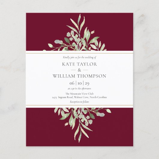 Budget Burgundy Greenery Wedding Photo Uitnodiging (Voorkant)