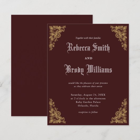 Budget Burgundy  Lace Wedding Invitation (Voorkant / Achterkant)