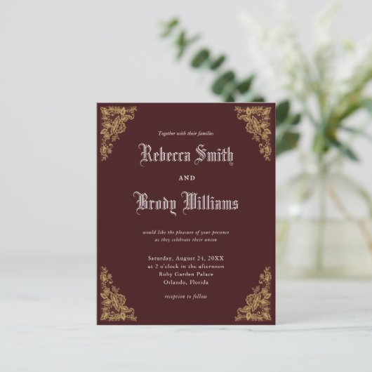 Budget Burgundy  Lace Wedding Invitation (Staand voorkant)