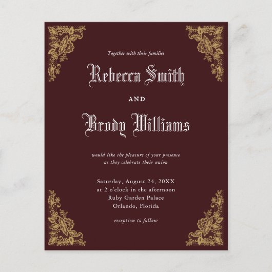 Budget Burgundy  Lace Wedding Invitation (Voorkant)