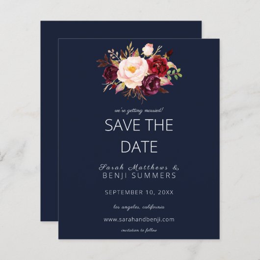 Budget Burgundy Marsa Floral Save the Date - Blue (Voorkant / Achterkant)