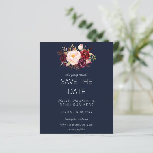 Budget Burgundy Marsa Floral Save the Date - Blue (Staand voorkant)