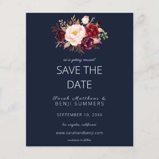 Budget Burgundy Marsa Floral Save the Date - Blue Flyer (Voorkant)