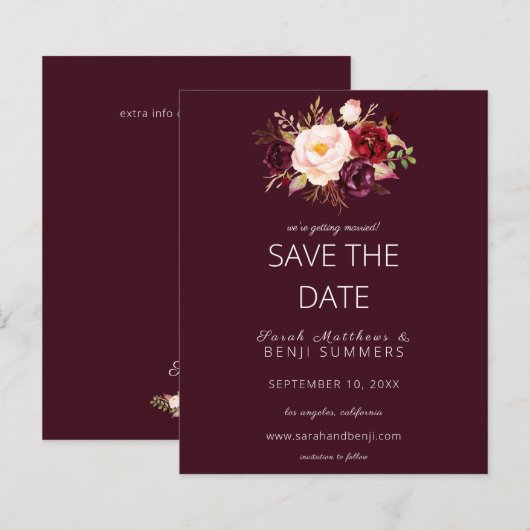 Budget Burgundy Marsa Floral Save the Date - Red (Voorkant / Achterkant)