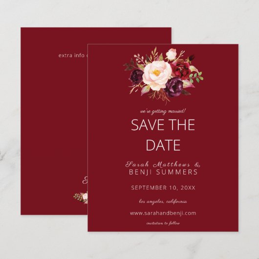 Budget Burgundy Marsa Floral Save the Date - Red (Voorkant / Achterkant)