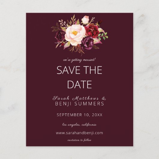 Budget Burgundy Marsa Floral Save the Date - Red Flyer (Voorkant)