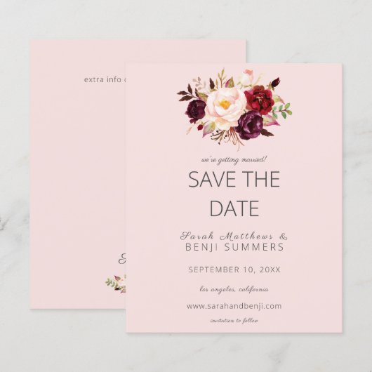 Budget Burgundy Marsa Floral Save the Date - Roze (Voorkant / Achterkant)