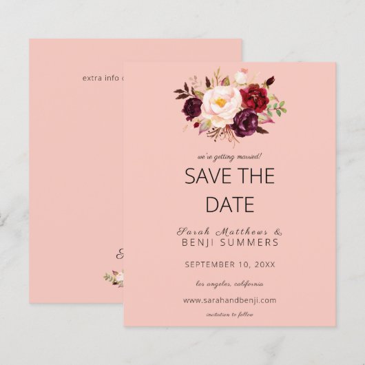Budget Burgundy Marsa Floral Save the Date-Roze 2 (Voorkant / Achterkant)