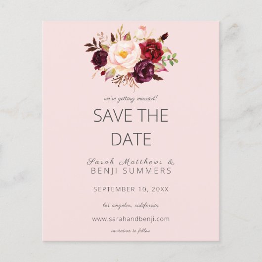 Budget Burgundy Marsa Floral Save the Date - Roze Flyer (Voorkant)