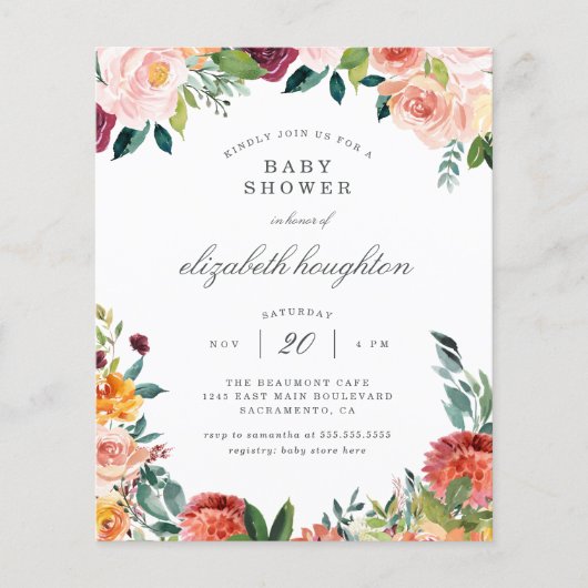 Budget Burgundy Marsala Blush Floral Baby shower (Voorkant)
