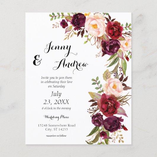Budget Burgundy Marsala Floral 2 Wedding Flyer (Voorkant)