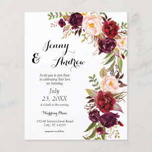 Budget Burgundy Marsala Floral 2 Wedding Flyer