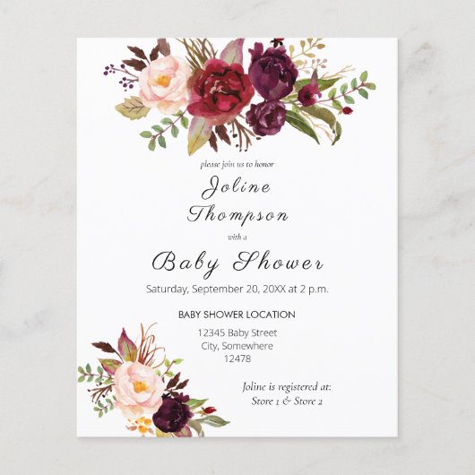 Budget Burgundy Marsala Floral Baby shower (Voorkant)