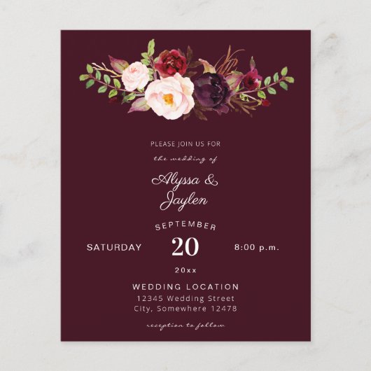 Budget Burgundy Marsala Floral Burg Wedding Flyer (Voorkant)