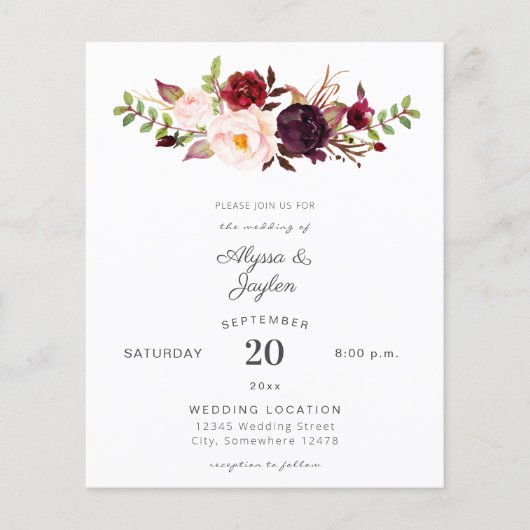 Budget Burgundy Marsala Pink Floral Wedding Flyer (Voorkant)