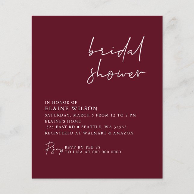 Budget Burgundy Modern Bridal Shower (Voorkant)