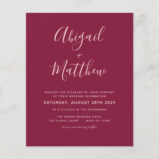 Budget Burgundy Modern Simple Wedding Invitation (Voorkant)