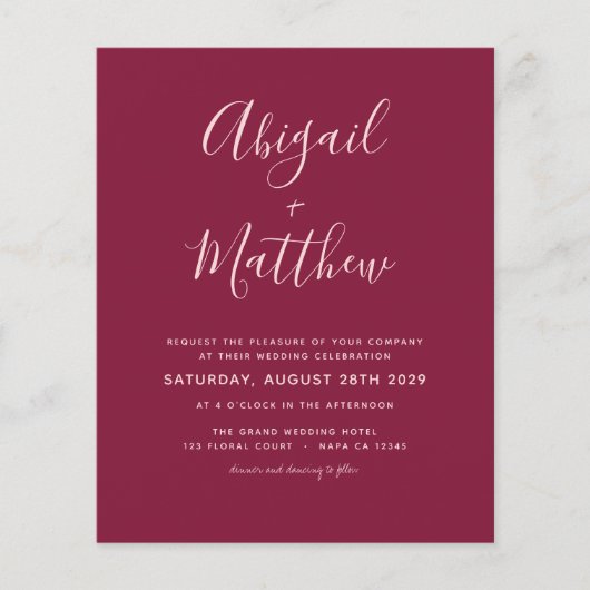 Budget Burgundy Modern Simple Wedding Invitation Flyer (Voorkant)